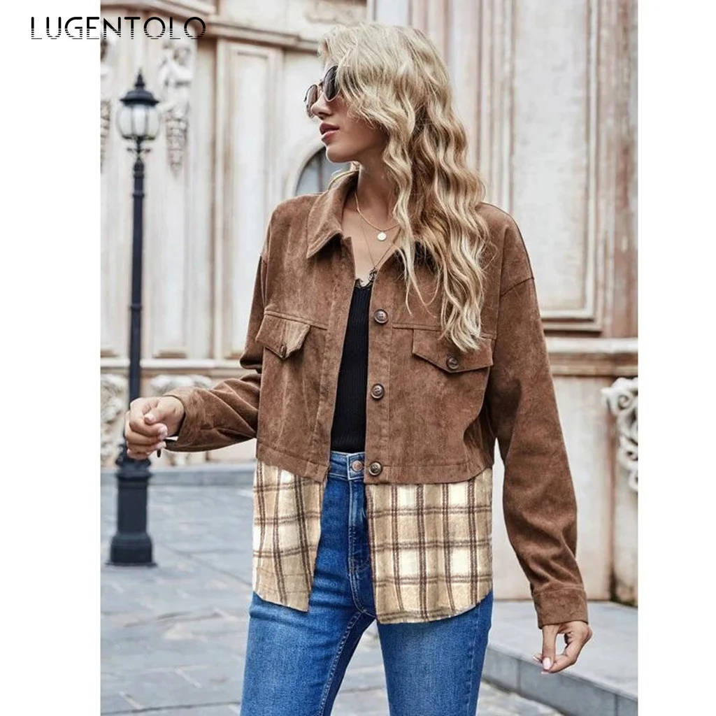 

Женская Вельветовая куртка с длинным рукавом, Повседневная Свободная однобортная куртка в клетку с лацканами на осень