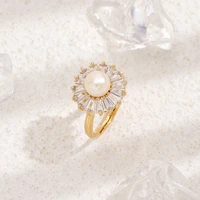 new golden disc pearl open ring with 8mm steamed bun beads french retro temperament zircon ring jewelry