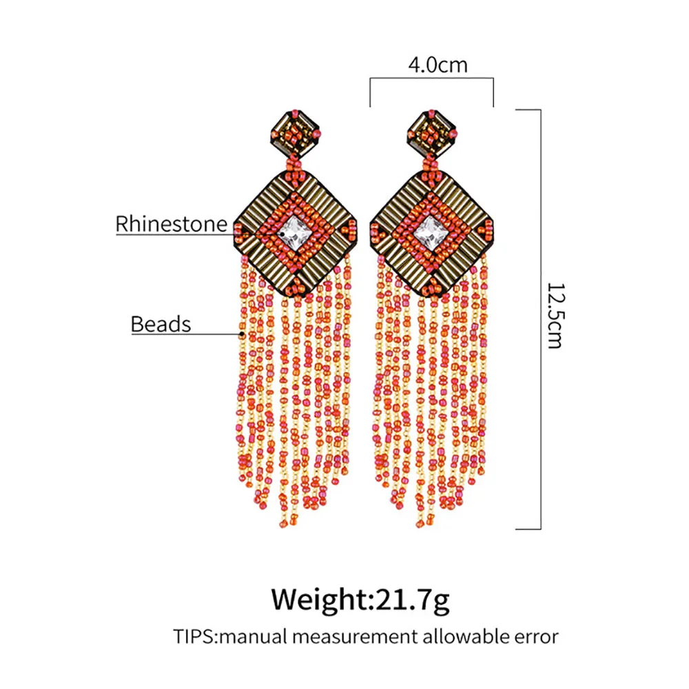 

Royalbeier Bohemian Handmade Rice Bead Tassel Earrings Woman Large Square Crystal Hand Woven Dangel Earring