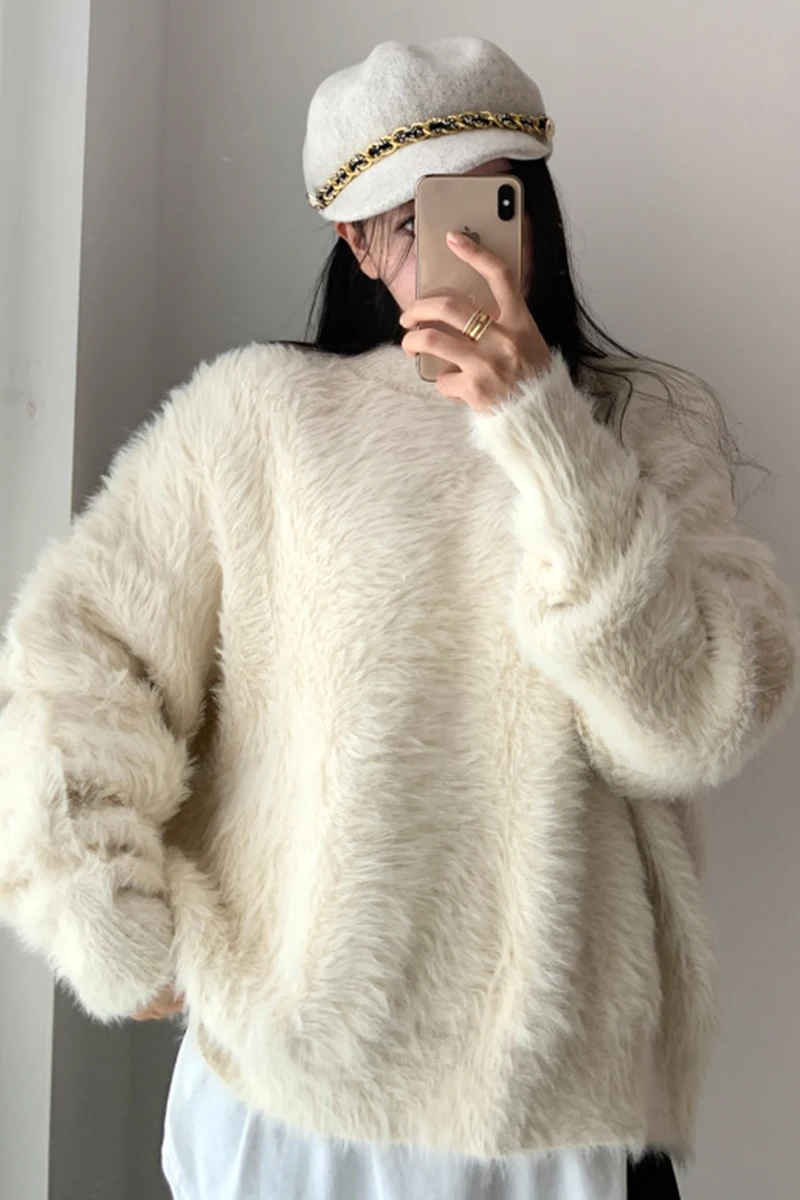 

Women's sweater top Korean lazy round neck Pullover loose heavy industry imitation mink wool warm long sleeve women's sweater