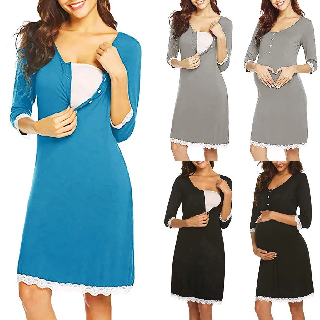 

Women Maternity Nightwear Lace Women Short Sleeve Maternity Nursing Delivery Nightgowns Breastfeeding Gown Dress