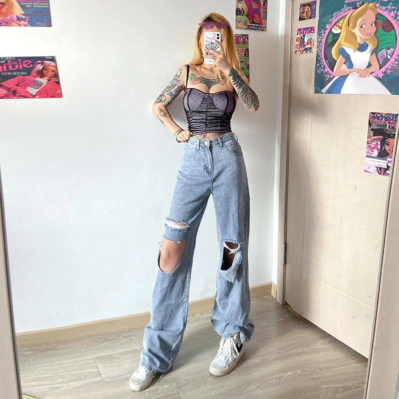 

Holes Jeans Pants Boyfriend Style Women High Waist Mom Trousers Sexy Wide Leg Straight Pants Streetwear Hot Girls