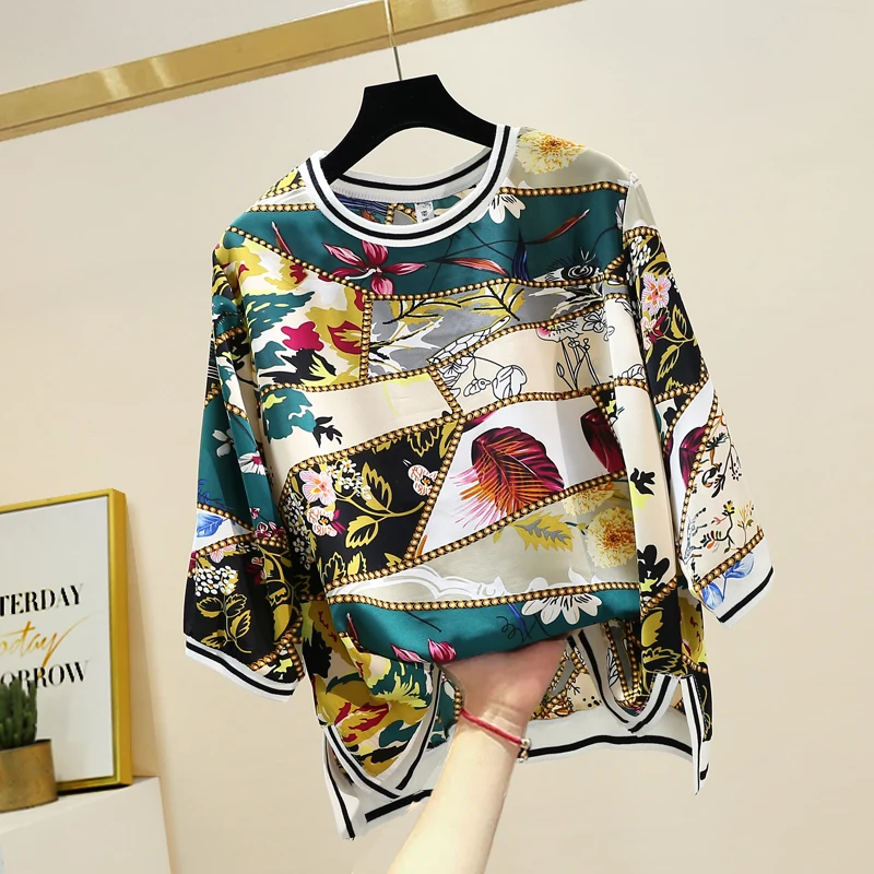 

Spring Summer 2021 New Arrival Fashion Print Chiffon Blouse Loose Short Sleeve Split Shirt O-neck Tops