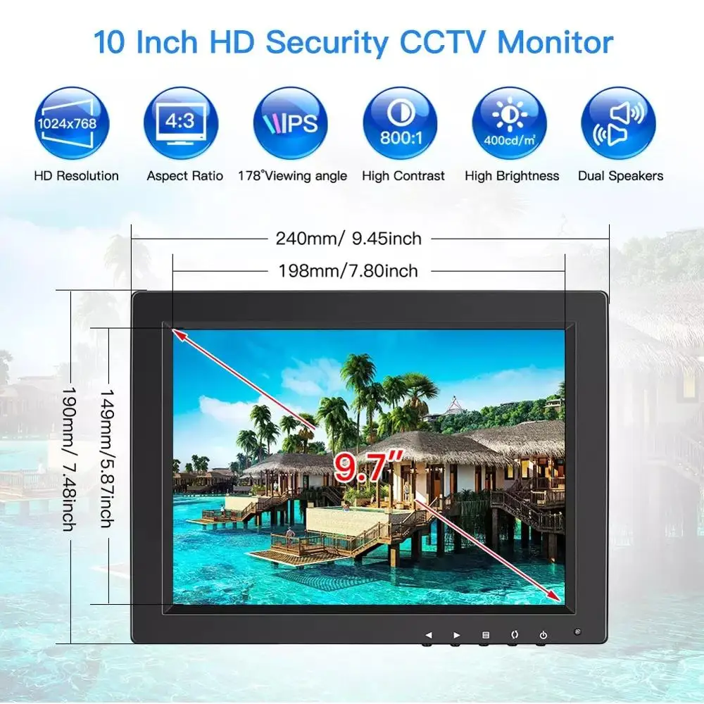Монитор видеонаблюдения Eyoyo 10 дюймов IPS HD 1024x768 CC HDMI маленький ЖК экран для ПК 4:3 BNC