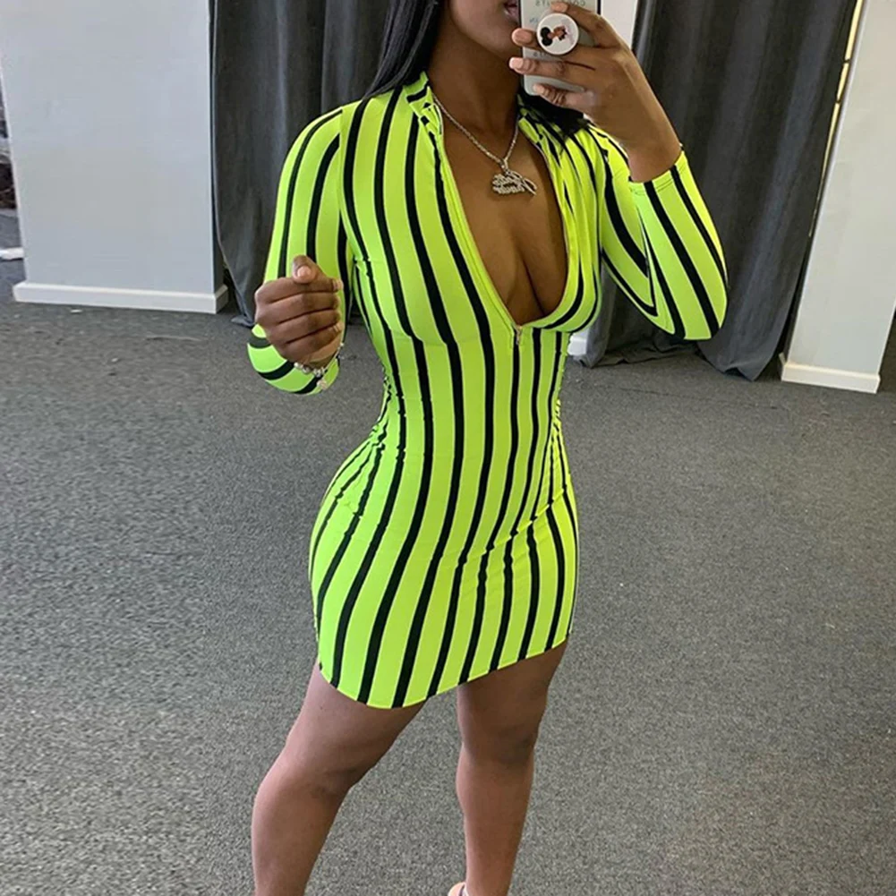 Женское облегающее мини платье в полоску с длинным рукавом молнией спереди и