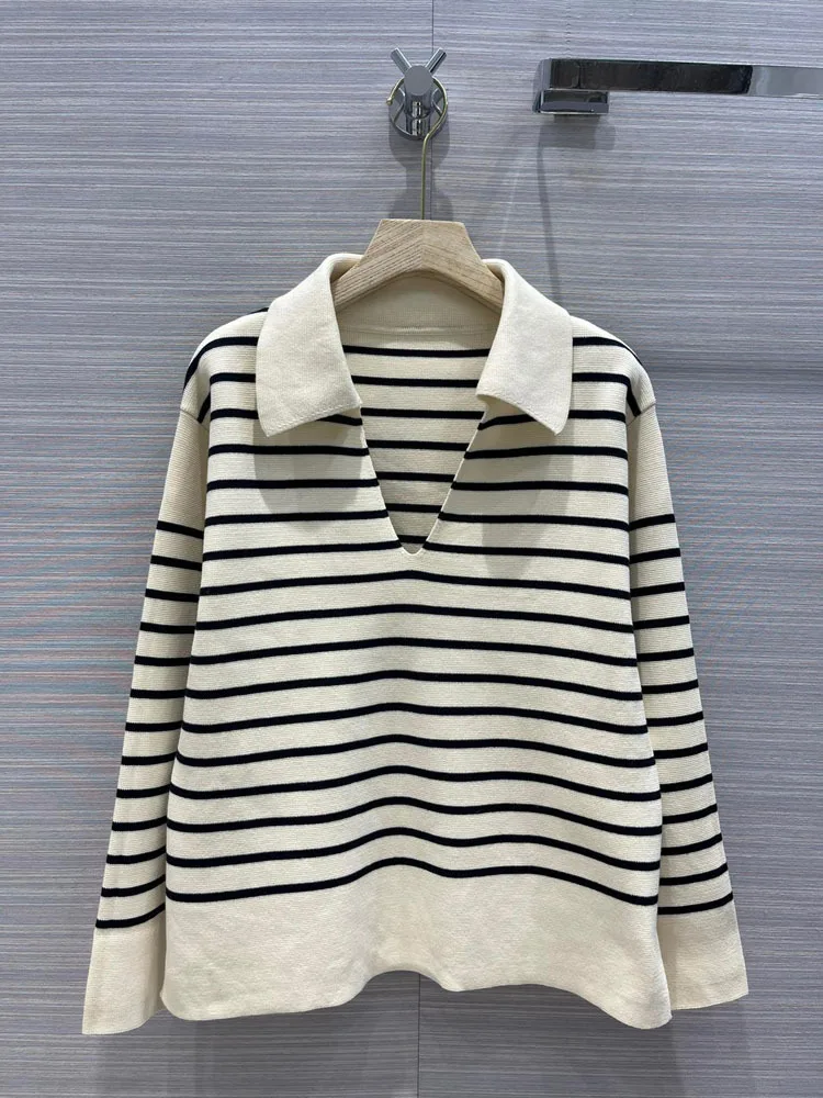 

Женский полосатый пуловер с V-образным вырезом и длинным рукавом