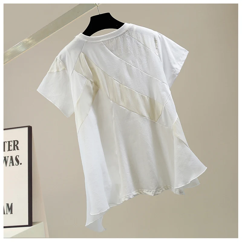 

Personality Contrast Color Irregular Chiffon Patchwork Short Sleeve T Shirt Women Tops with Camisole Two-Piece Set Lady Tshirts