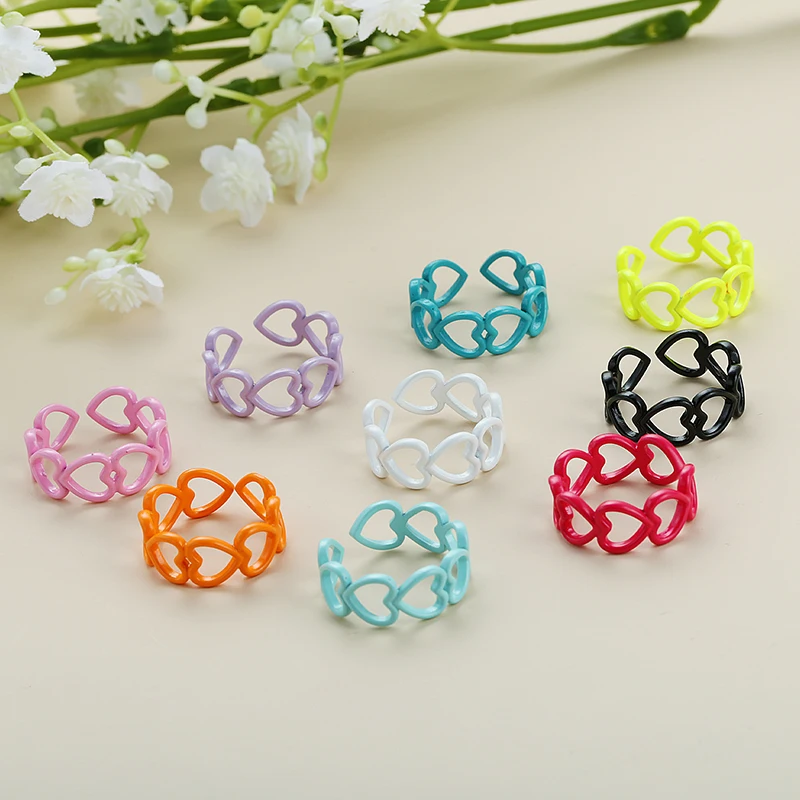 

INS Heart Shape Ring Candy Color Copper Drop Oil Texture Rings Retro Irregular Geometric Open Ring for Women Adjustable Ring