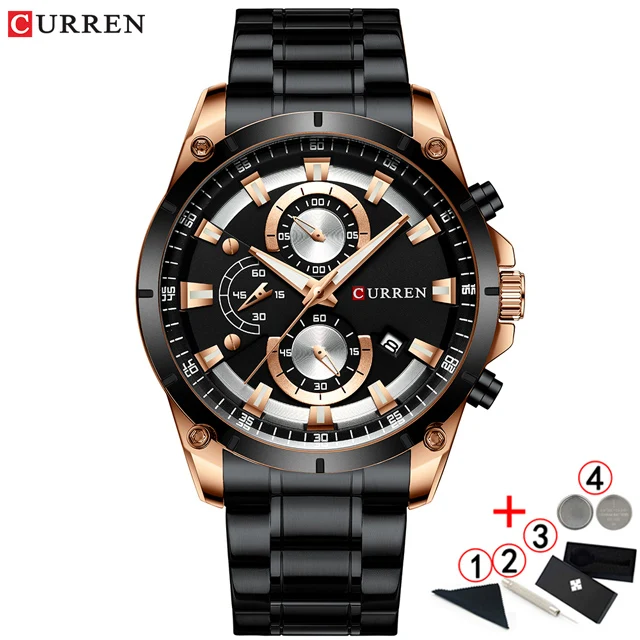 rose-black-add-box Мужские часы Curren от ведущего бренда, роскошные мужские наручные часы с хронографом, кварцевые спортивные часы синего золота для мужчин - Цвет: rose-black-add-box