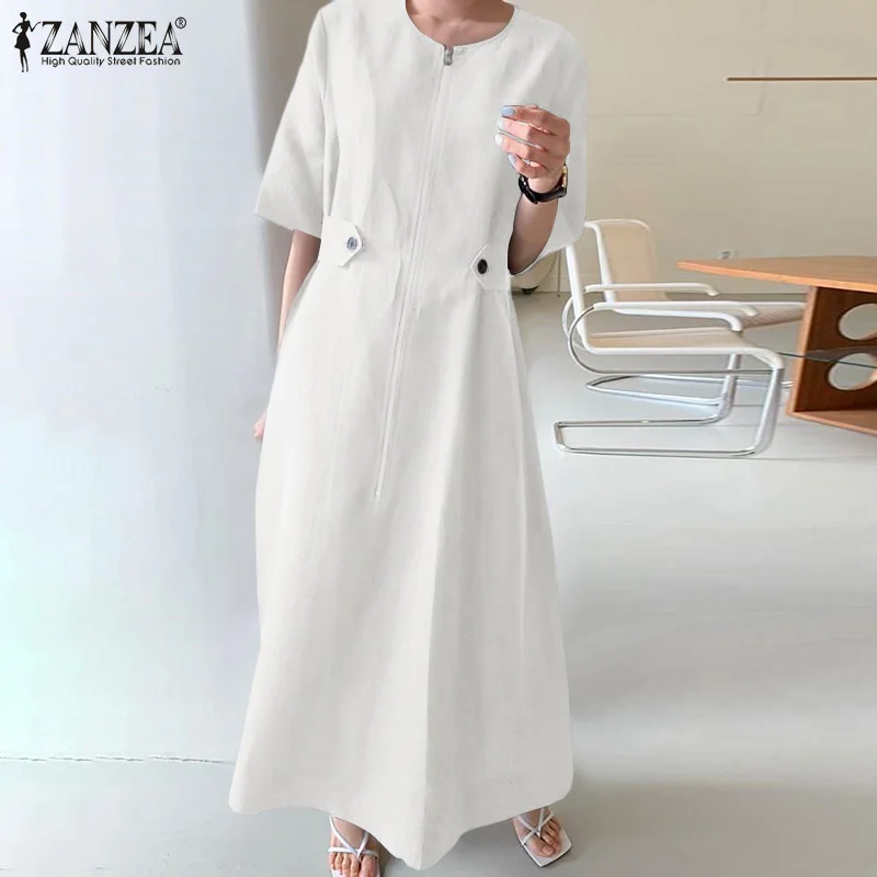 

Элегантное платье-макси на молнии, женский летний сарафан 2022 ZANZEA с рукавом до локтя, однотонное женское платье с круглым вырезом, повседневн...