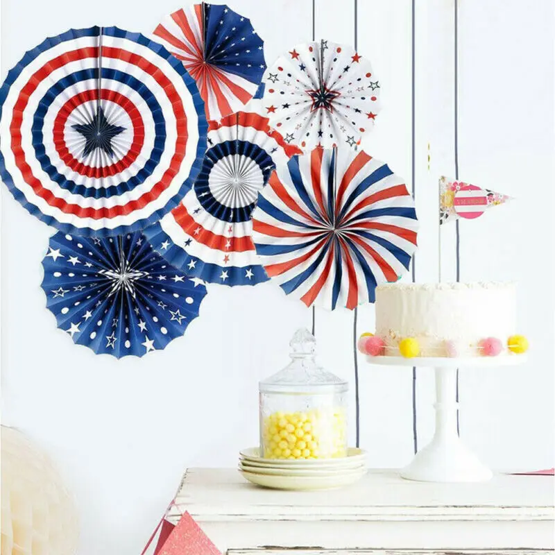 2020 NEW 6PCS Paper Fan for USA Patriotic Decorations Independence Day 4th of July | Дом и сад