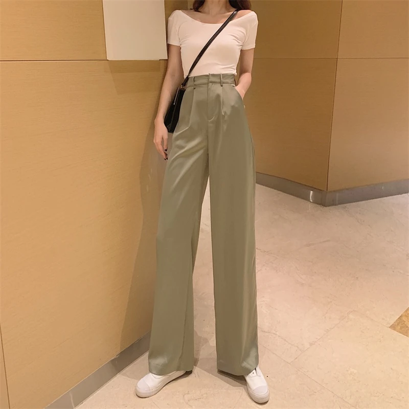 

Elegant High Waist Wide Leg Pants Women Casual Pockets Full-Length Suit Pants Female 2020 Women Trousers