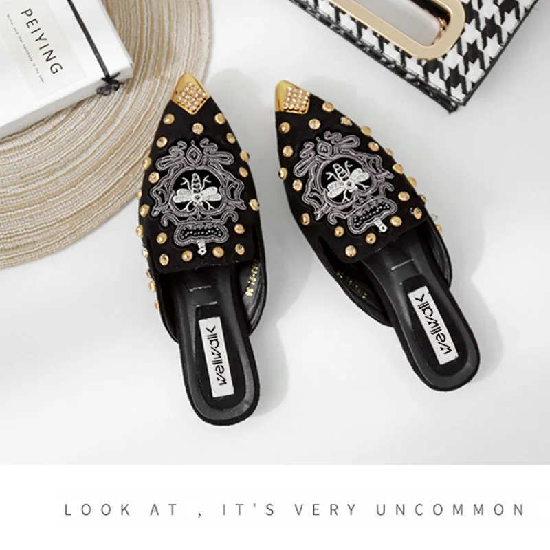 Туфли женские замшевые с вышивкой плоская подошва металлическая Кепка