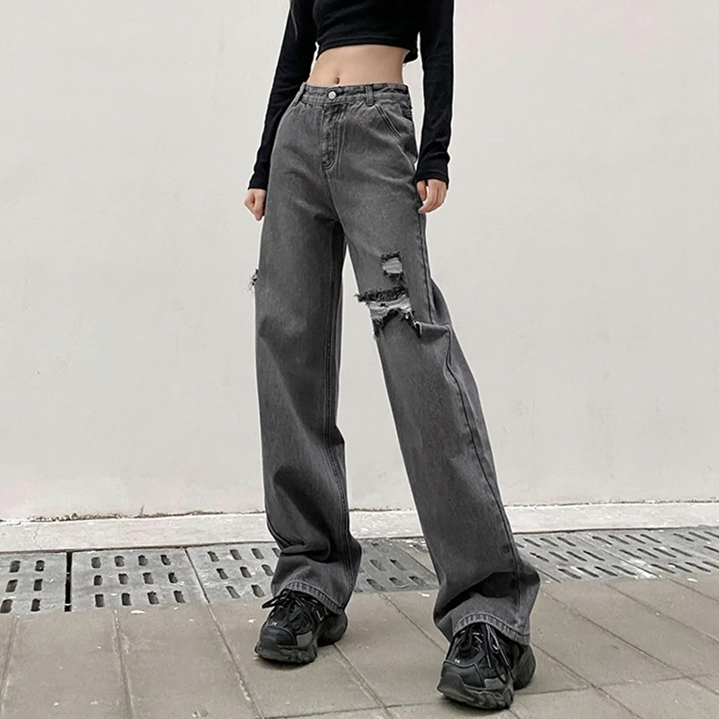 

Women's Fashion High Waist Ripped Hole Washed Straight Leg Jeans Gray