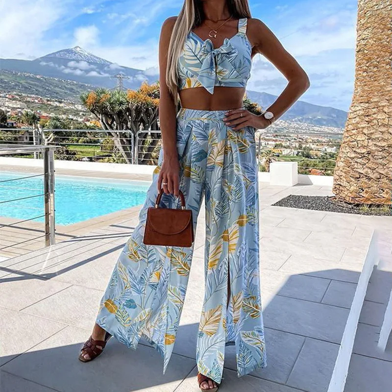 

Women Pant Sets Sexy Printed Sling Split Wide Leg Pants Ladies Suit Two-Piece Backless Summer Beach Seaside Loose Female Clothes