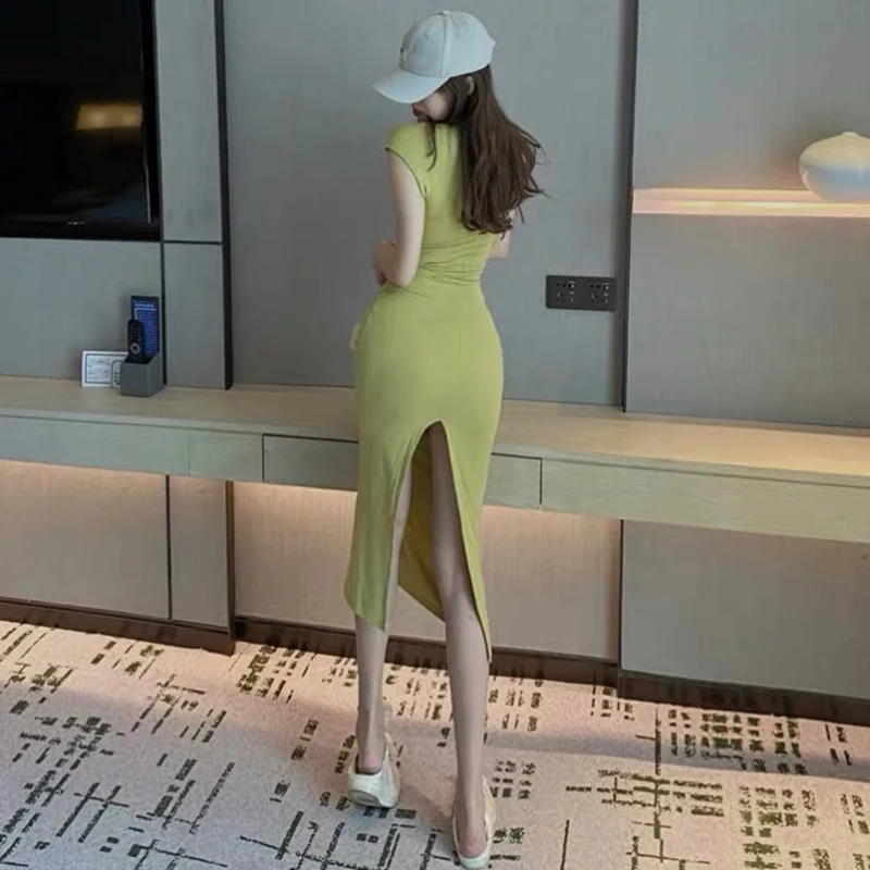 Slim stretch bag hip dress female summer mid-length sexy back split midi high street fashion | Женская одежда