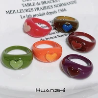 huanzhi 2021 new simple candy color three dimensional heart acrylic resin geometric round rings for women girls jewelry