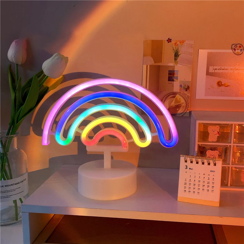 

Радужный неоновый светодиодный ночной Светильник USB/Батарея коробка Красочные Единорог Настольная лампа для Спальня рождественские украш...