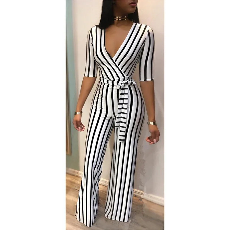 Elegant Striped Sexy Rompers Womens Deep V Neck Jumpsuit Half Sleeve Bow Casual Slim Jumpsuits Overalls