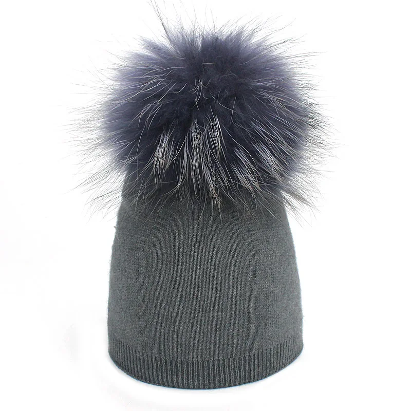 Детская Зимняя шерстяная шапка с помпоном из меха енота розового цвета для
