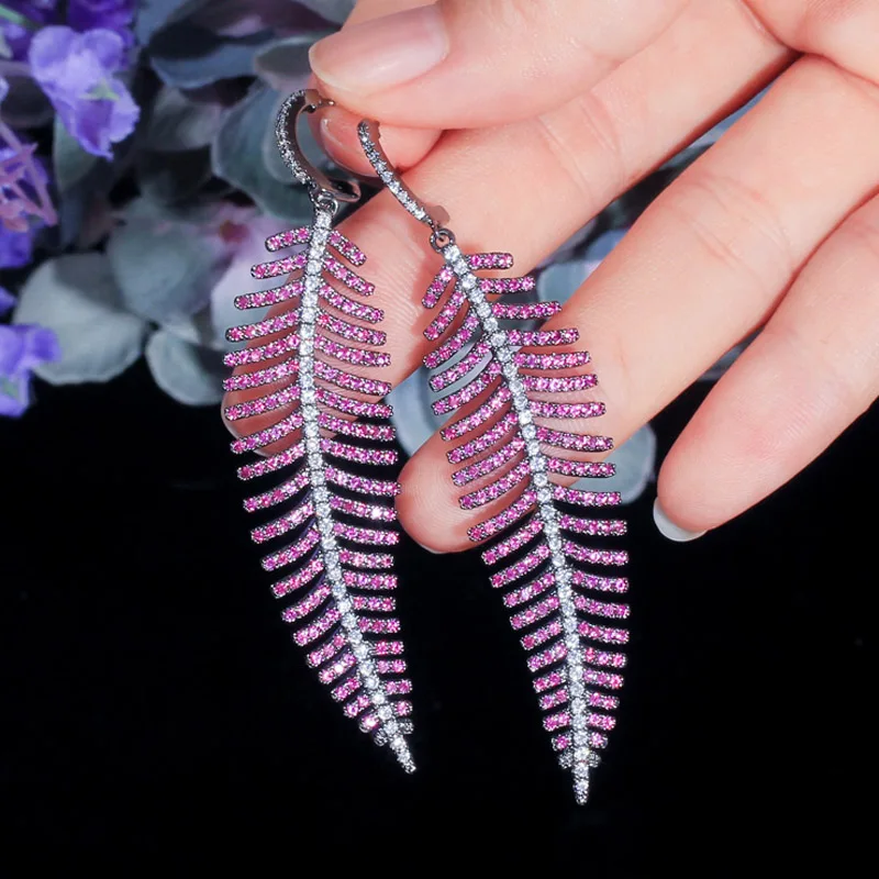 red CWWZircons красный зеленый фианит длинные висячие капля с листвой формы Роскошные Дизайнерские вечерние серьги для женщин эффектные ювелирные изделия CZ595 - Окраска металла: red