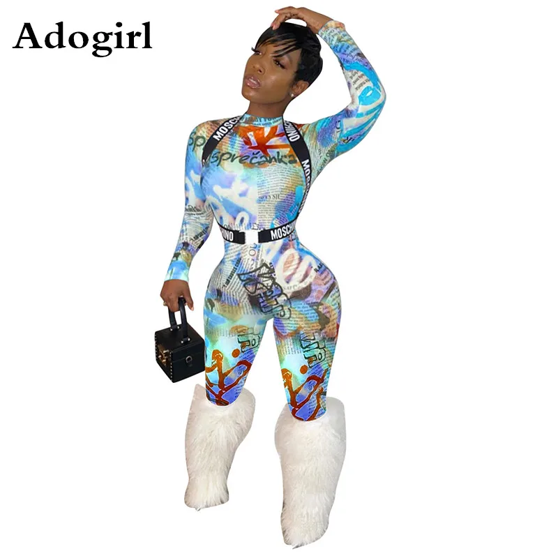 Женский бандажный комбинезон с принтом газеты женский длинным рукавом