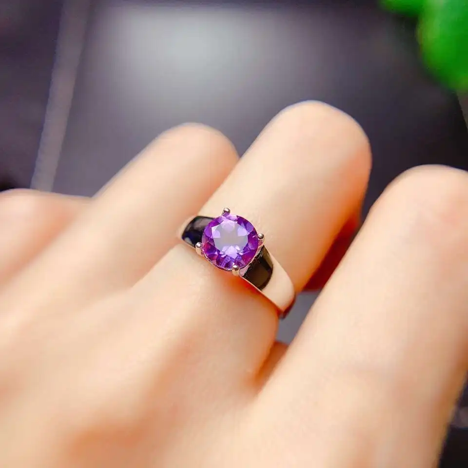 

CoLife Jewelry Simple Silver Amethyst Ring 7mm Natural Amethyst Silver Ring 925 Silver Gemstone Ring Gift for Woman