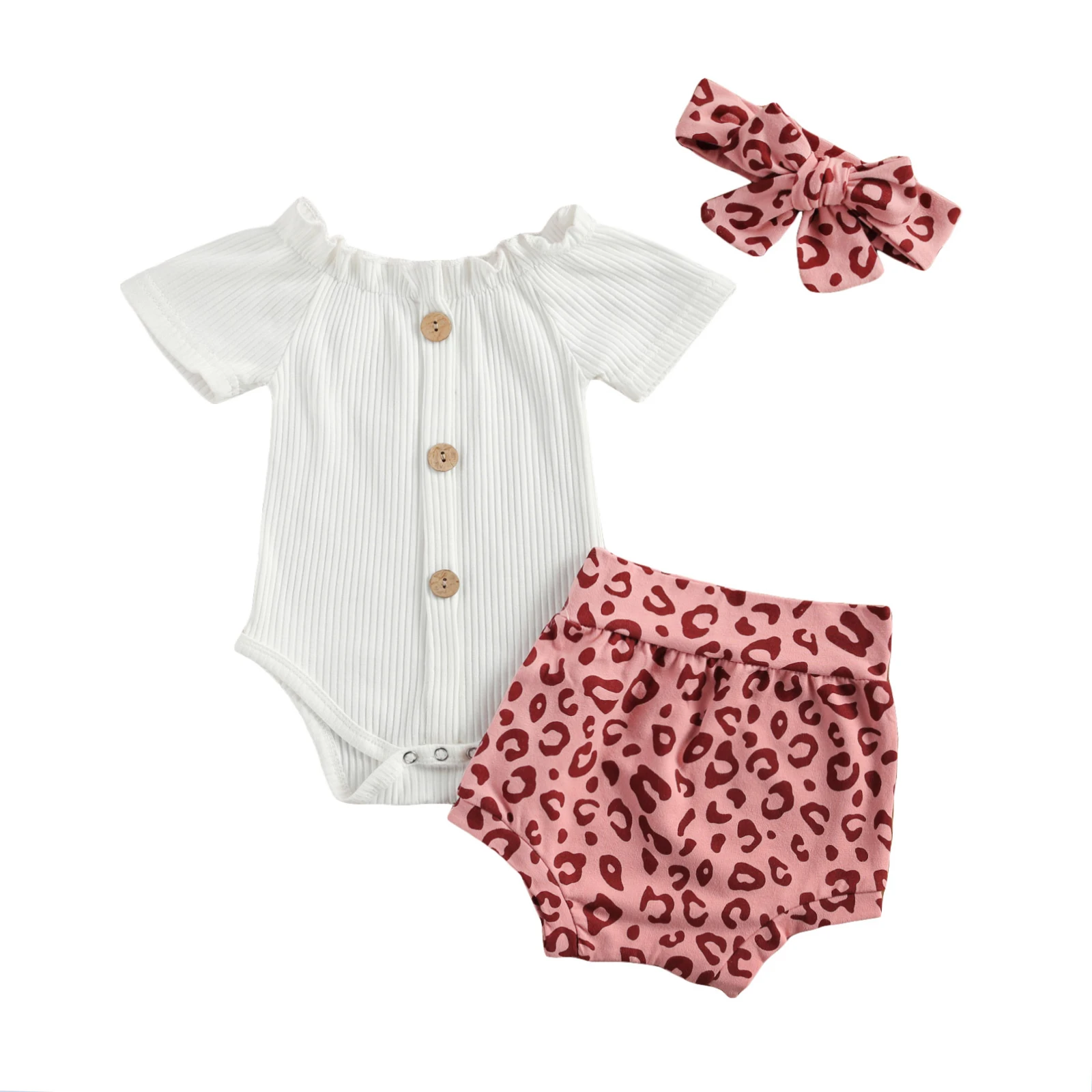 

0-18 месяцев; Для маленьких девочек; Одежда с пуговицами на плече белого цвета с короткими рукавами верхний комбинезон + с леопардовым принтом...