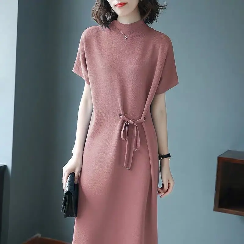 

Solid Color Lace-Up Short Sleeve Half High Collar Knitted Dress Women Korean Loose Sweater Dress Spring Casual Basic Midi Dress