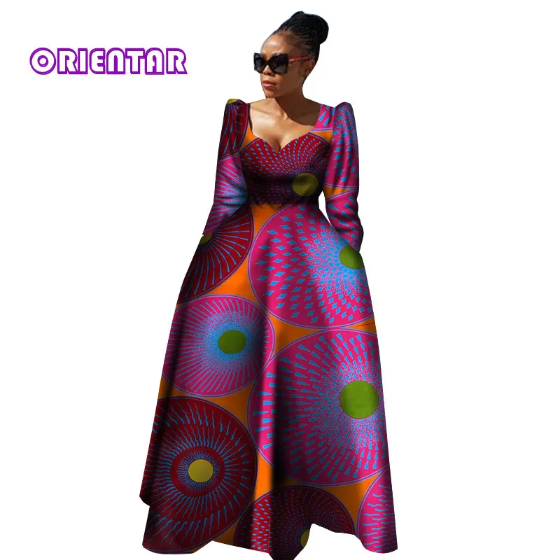 Женская африканская одежда Bazin Riche Robe Africaine, Африканское платье, Осеннее женское длинное платье больших размеров из чистого хлопка WY2849 - Цвет: 2