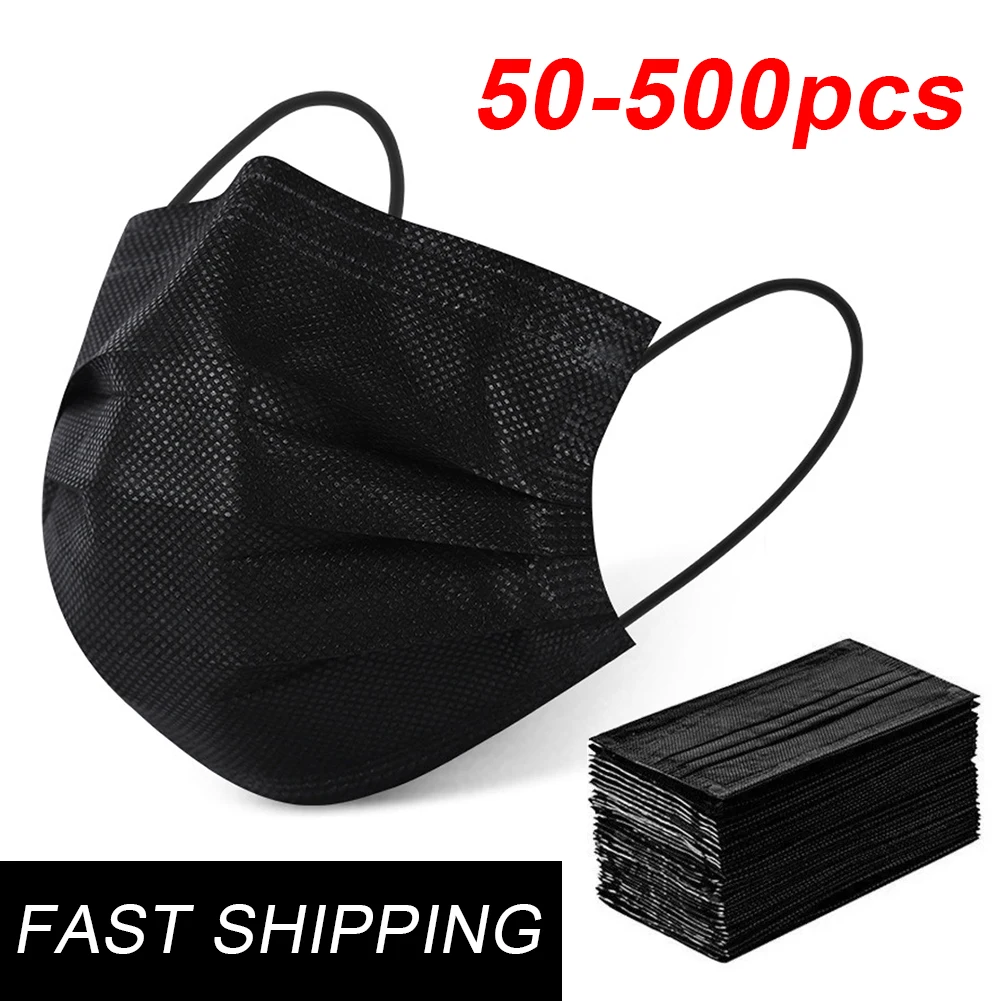 

50/100/200/300/500pcs Disposable Mouth Face Mask Elastic Ear Loop Black Industrial 3ply Filter Adult Mascarillas Breathing Masks