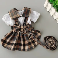 plaid bow dog collar skirt with breast strap traction rope princess tutu dress skirt for small pet cat dog harness vest leash
