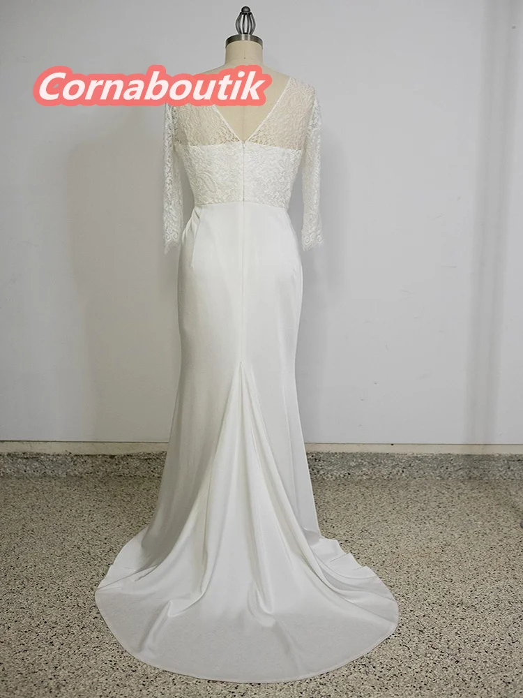 

Real Pictures Wedding Dress COR-143 Lace V Neck 3/4 Sleeves mermaid Crepe Skirt Bridal Gowns Abiti Da Sposa Vestido Blanco