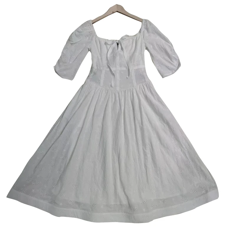 

CHICEVER Casual White Crinkle Dress Women's Square Collar Puff Short Sleeve High Waist Solid Self-Tie Dresses Woman Summer 2021