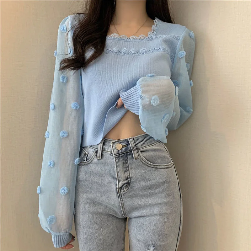 

Woman Sweaters Women's Short Square Collar Off-Shoulder Wavy Sweater Chiffon Stitching Spring Small Shirt