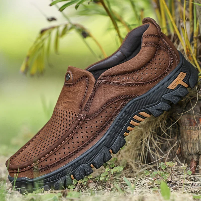 Men's shoes outdoor hollow casual shoes big men's leather hiking shoes with soft soles and non-slip fashion wild tide shoes