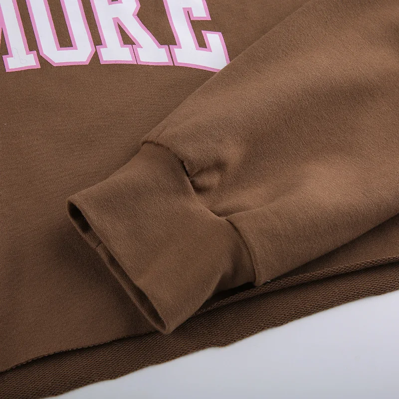 

Casual Women Brown Hoodie Autumn Fashion Letter O Neck Cropped Tops Loose Long Sleeve Down Shoulder Streetwear Short Sweatshirt