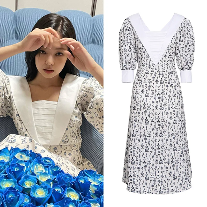 

Kpop Korean Celebrity Party Sexy Chiffon Floral Puff Sleeved Dress Women Autumn New French Fashion Loose High Waist Long Dresses