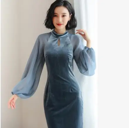 Весенне зимнее бархатное платье для женщин с рукавом фонариком элегантное