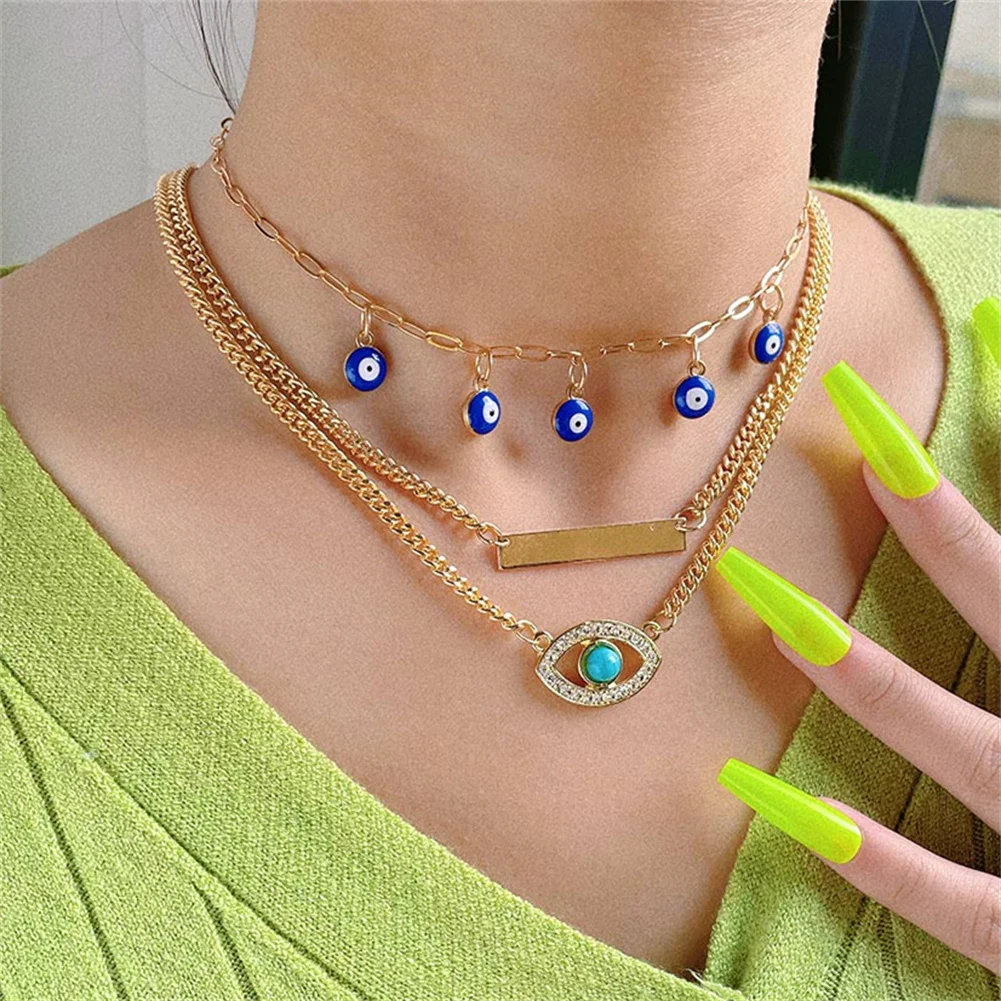 

Fashion Crystal Evil Eye Pendant Golden Metal Chain Necklace For Women Multi-layer Alloy Choker Necklace 2022 New Trendy Jewelry