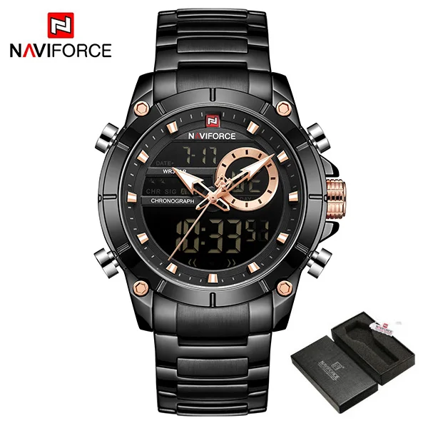 BlackWithBox NAVIFORCE новые мужские спортивные часы Топ люксовый бренд кварцевые наручные часы для мужчин водонепроницаемый двойной дисплей дата часы Relogio Masculino - Цвет: BlackWithBox