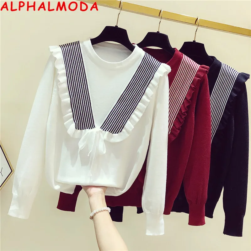 

Женский плиссированный свитер ALPHALMODA, с V-образным вырезом, в стиле преппи, свободный, универсальный, Повседневный, джемпер на осень 2021