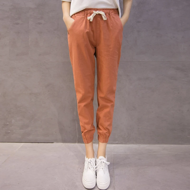 

Брюки женские из хлопка и льна, корейские повседневные студенческие джоггеры с эластичным поясом
