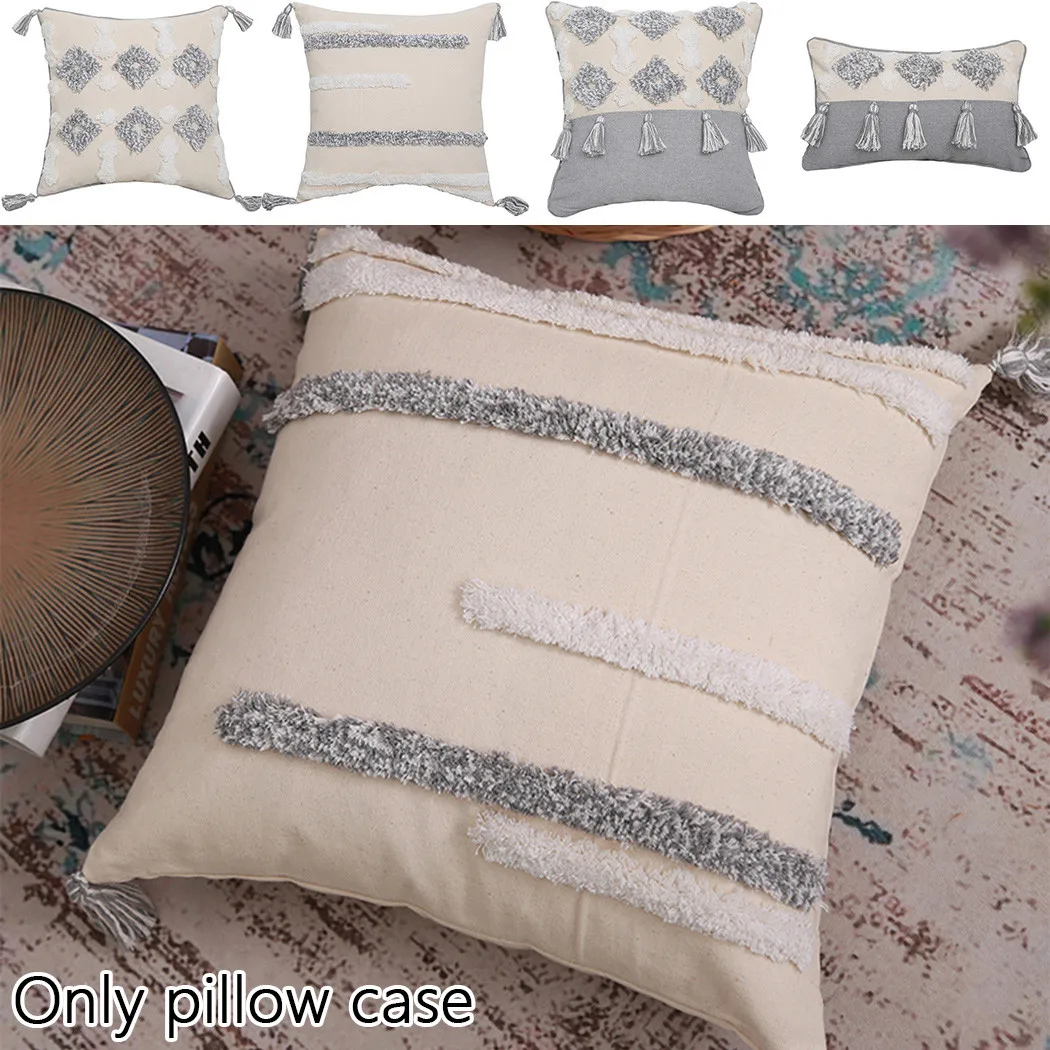 

Boho Tassel Pillow Case Square Soft Pillowcase Sofa Throw Cushion Cover Handmade Tuft Cotton And Linen