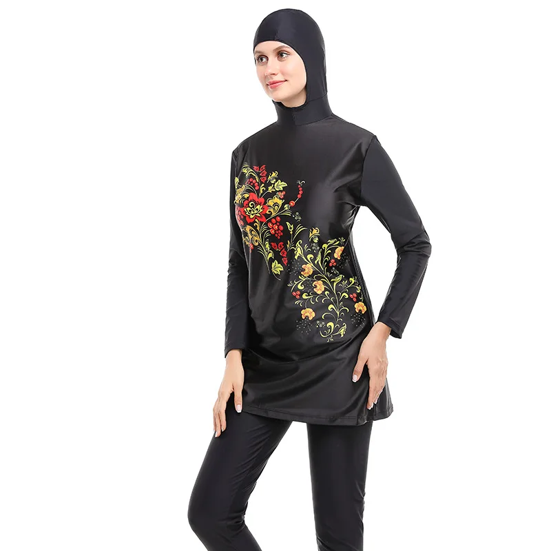 

New Digital Printed Swimsuit Women Conservative Swimwear Split Long Sleeve Burkini Muslim Beach Clothes Islamic Swimming Costume