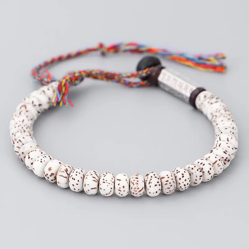 

Braided Wooden Bracelet For Men Tibetan Buddhist Cotton Thread Lucky Knots Handmade Bracelets Natural Bodhi Beads Carved Amulet
