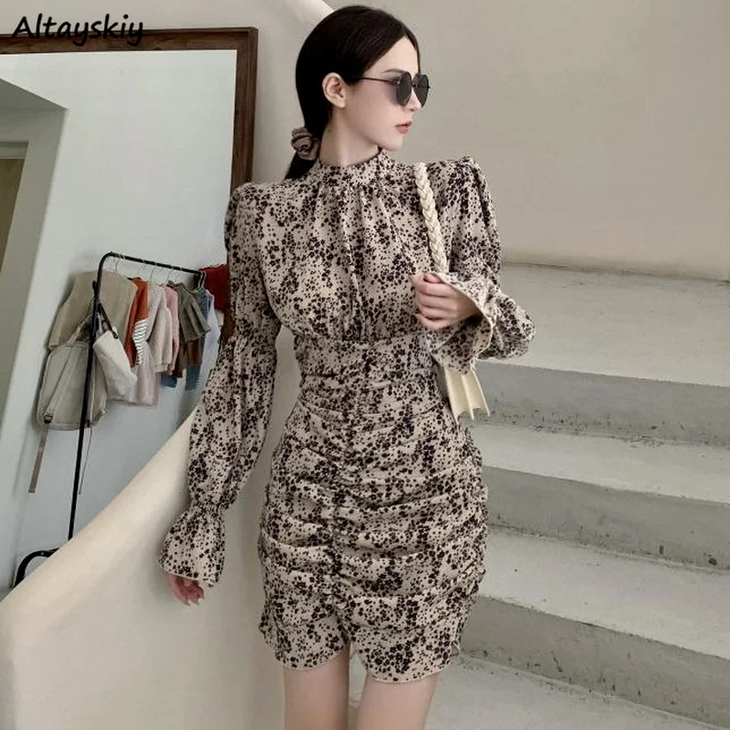 

Dresses Women Flare Sleeve Spring Folds Mini Casual Retro Tunic Street Style Ulzzang Sexy Lady Clubwear Stylish Soft Print Slim