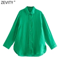 zevity women vintage green color loose linen blouse office lady single breasted breathable shirt chic chemise blusas tops ls9647