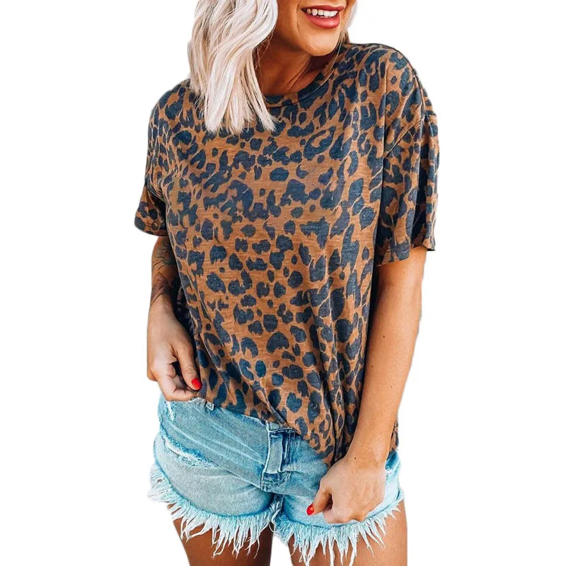 

Europe and the United States cross-border women's top foreign trade leopard print round neck shoulder short sleeve T-shirt