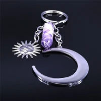 witchcraft sun moon stainless steel purple crystal hexagonal column quartz silver color key chain women jewelry llaveros n3106s0